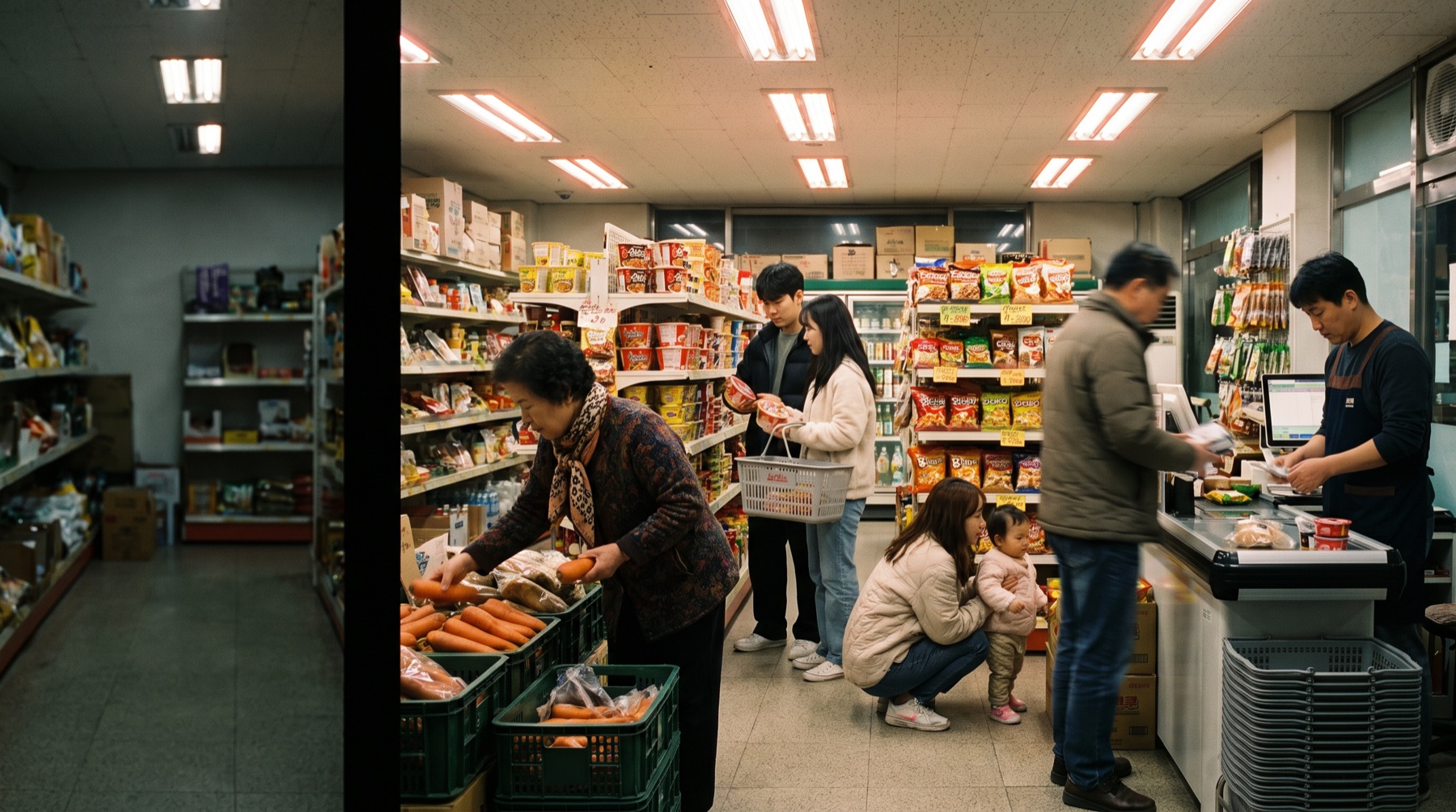 저녁 시간 동네 마트 안, 손님들이 채소를 고르고 계산대에 줄 서 있다