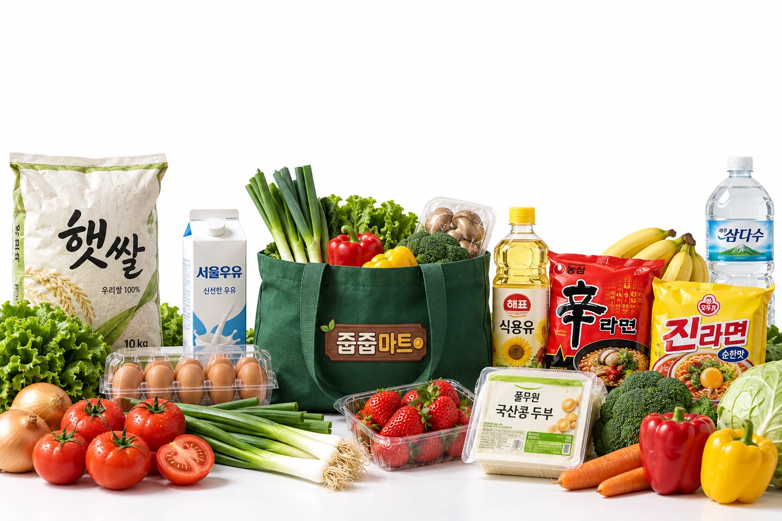 채소, 쌀, 우유와 라면 등 동네 마트 장보기 상품
